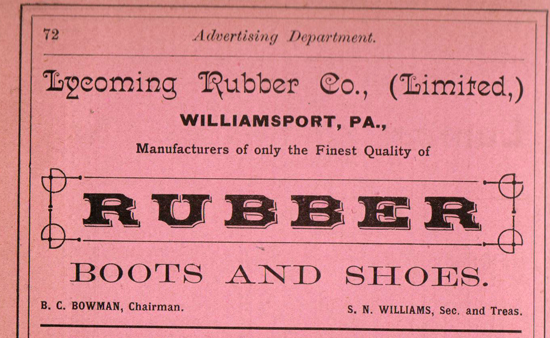 PHOTO PROVIDED Shown here is an advertisement placed by the Lycoming Rubber Co. in 1888.